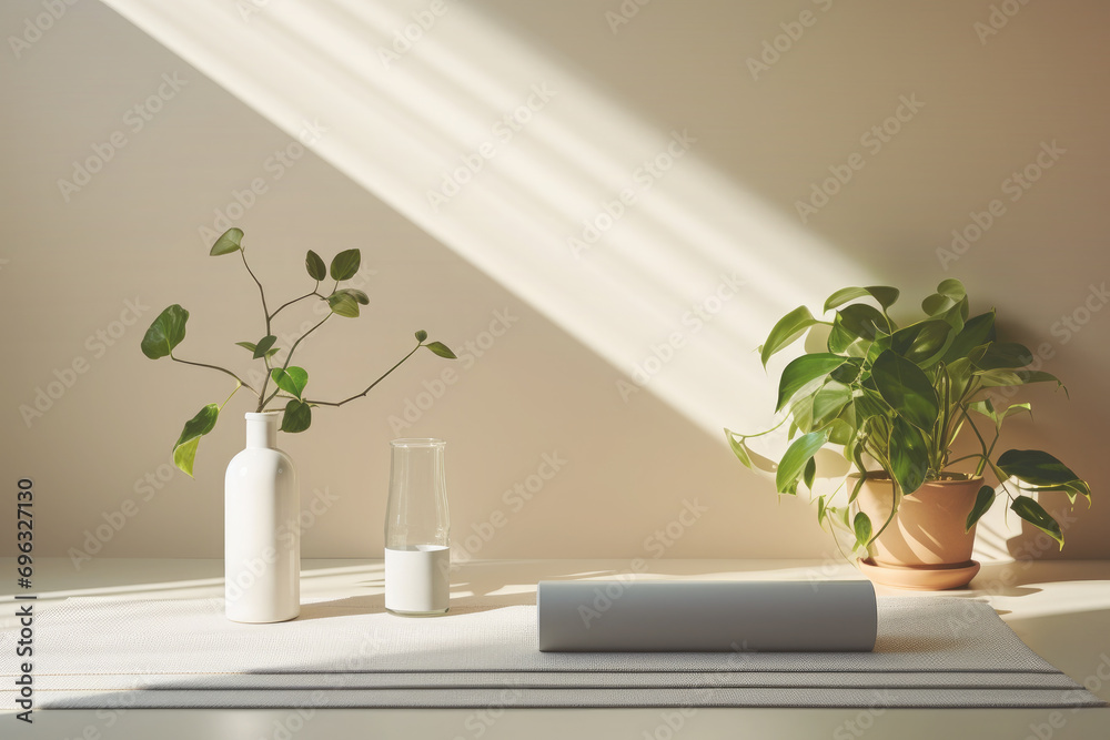 Yoga corner in a modern room with a background Yoga corner in a modern room with a background