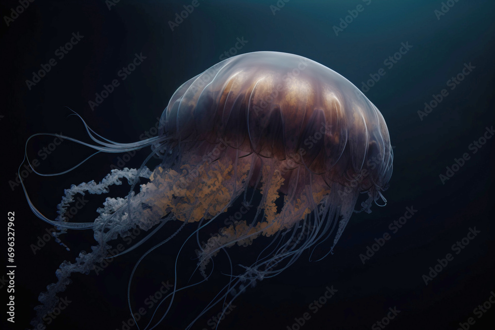 Group of rare colored jellyfish close-up, dark background. AI generated. Group of rare colored jellyfish close-up, dark background. AI generated.
