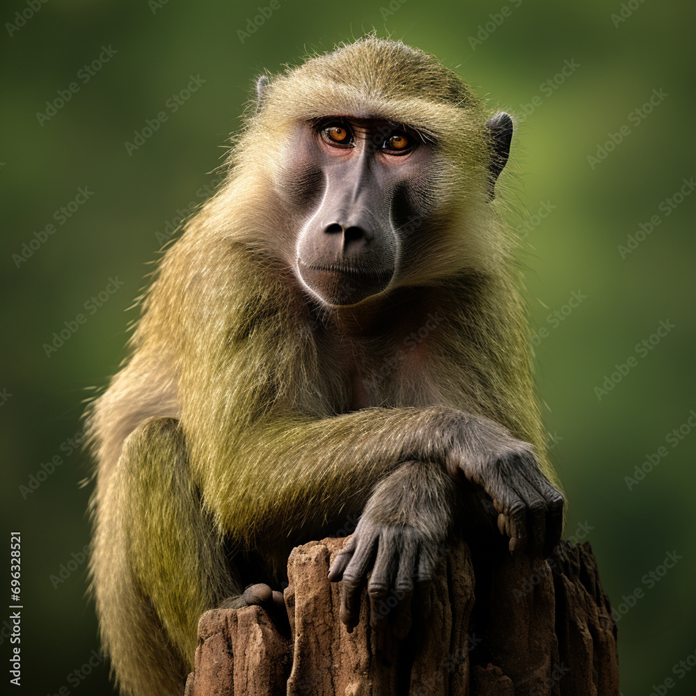 Olive baboon sitting on concrete post against green background, ai technology Olive baboon sitting on concrete post against green background, ai technology