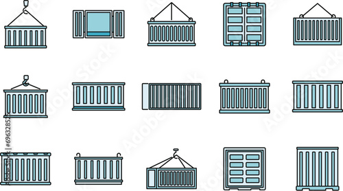 Cargo container storage icons set. Outline set of cargo container storage vector icons thin line color flat on white
