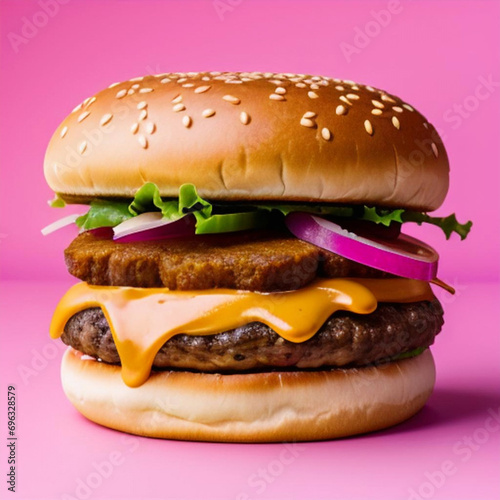 Hmaburguesa muy apetecible sobre fondo rosa.