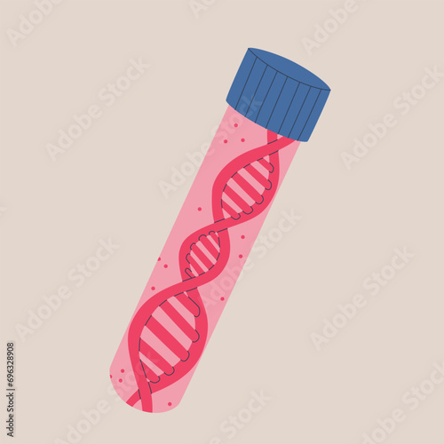 Laboratory test tube with a DNA helix inside. Collection and examination of deoxyribonucleic acid, nationality test, genetic test. Vector isolated illustration.