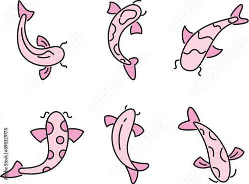 Koi carp icons set. Outline set of koi carp vector icons thin line color flat on white