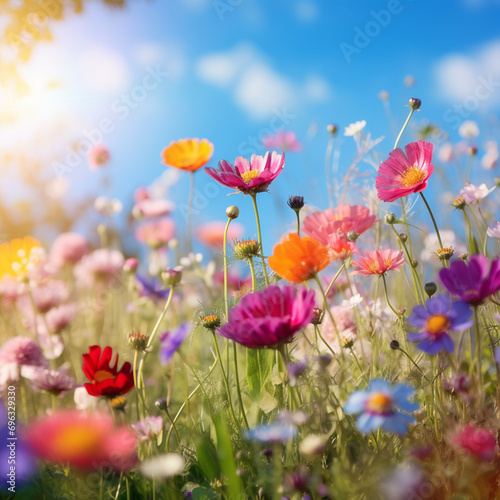 Colorful flower meadow with sunbeams and blue sky  nature background  ai technology