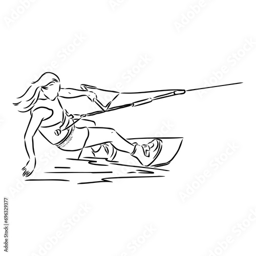 Single continuous line drawing of young sporty surfer man play wakeboarding in the sea.