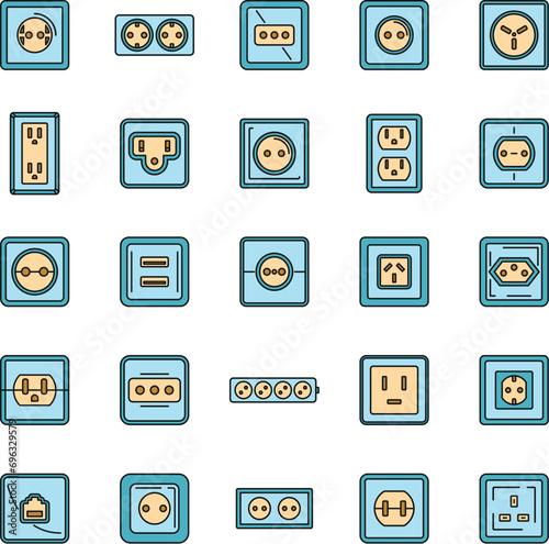Electric power socket icons set. Outline set of electric power socket vector icons thin line color flat on white