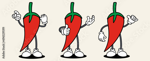Chili set mascot of 70s groovy. Collection of cartoon,retro, groovy characters. Vector illustration.