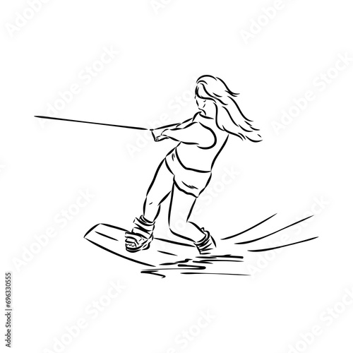 Single continuous line drawing of young sporty surfer man play wakeboarding in the sea.