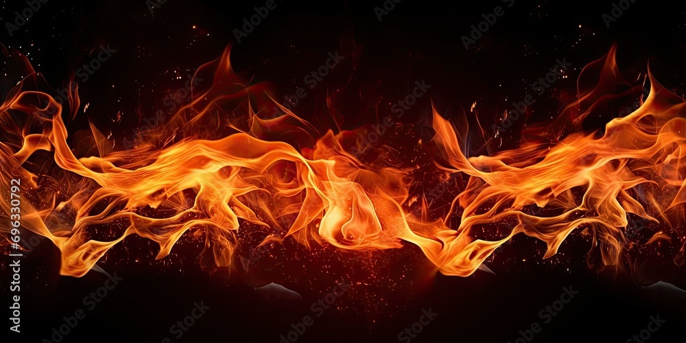 Fototapeta premium Dance of flames takes center stage showcasing primal beauty and untamed energy of fire. Vibrant hues of orange and red create visual flames leap and intertwine casting warm and enchanting glow