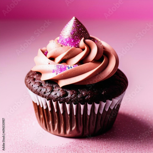 Imágen de un cupcake de chocolate con purpurina sobre un fondo rosa.
