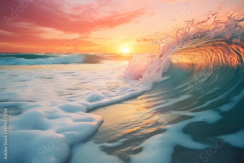 waves on the beach at sunset, light pink and turquoise, serene maritime themes, afro-caribbean influence, light amber and azure, documentary travel photography. Generative AI