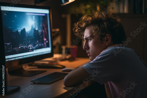 Upset young man, teenager losing computer game. Tired teenager playing all night long at home. Technology, gaming addiction, emotion, psychological problems in adolescence concept photo