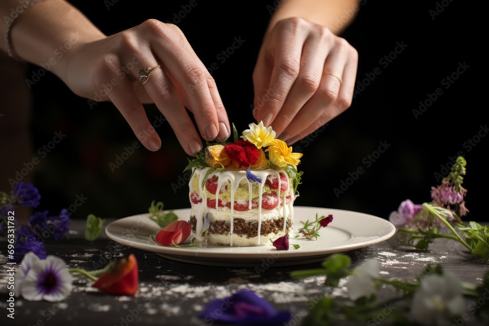 Photo of a chef garnishing a gourmet dessert with edible flowers. Generative AI