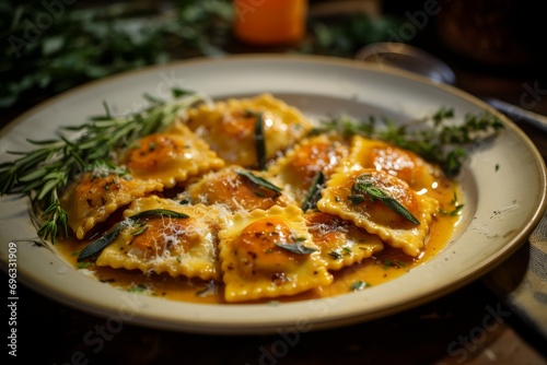 Photo of a plate of handmade ravioli with sage and brown butter. Generative AI