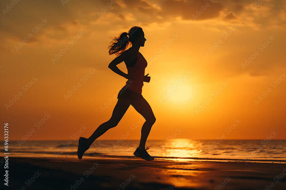 Silhouette of young sporty sexy woman jogger running on sunset beach. girl jogging on sea coast, beach at sunrise. female jogging on ocean shore. exercising outdoor. Healthy lifestyle. Generative ai
