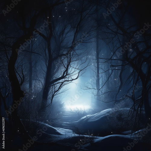 Dark winter forest background at night  ai technology