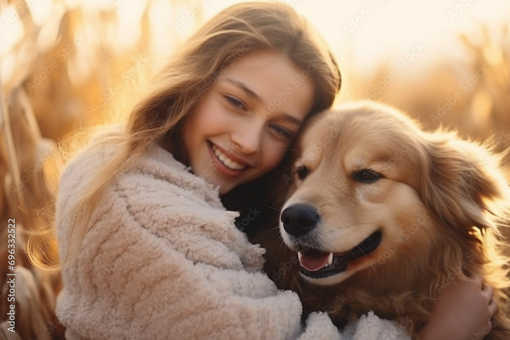 girl hugs a dog. pets. generative ai