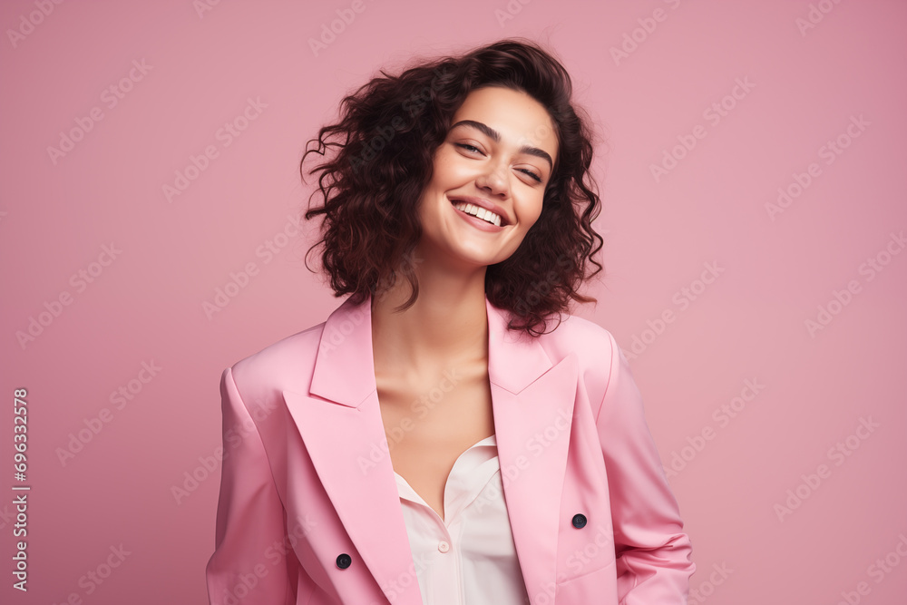 Medium shot of a smiling woman looking at the camera, dressed in pink against a pink background Medium shot of a smiling woman looking at the camera, dressed in pink against a pink background