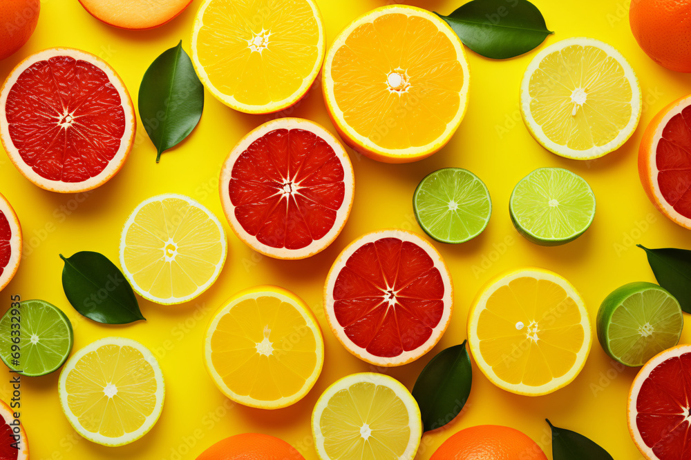 Citrus Fruits Background, concept of healthy eating, dieting, top down flat lay on Yellow Background Citrus Fruits Background, concept of healthy eating, dieting, top down flat lay on Yellow Background