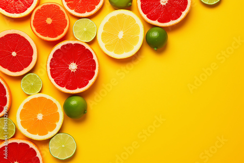 Citrus Fruits Background  concept of healthy eating  dieting  top down flat lay on Yellow Background