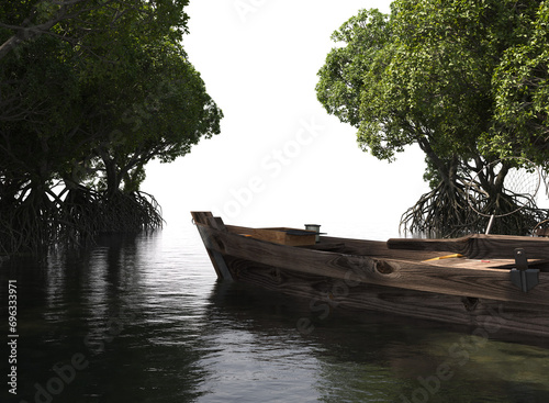 mangrove forest with small wooden boat  photo