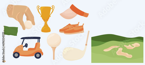 set of golf game elements. Vector stock illustration. Golf course, ball, hole, glove, putter. Isolated on a white background. Sport