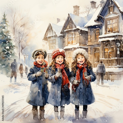 Christmas carolers singing in a snowy village in watercolor