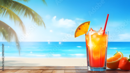 Tropical summer beach background with fresh cocktail