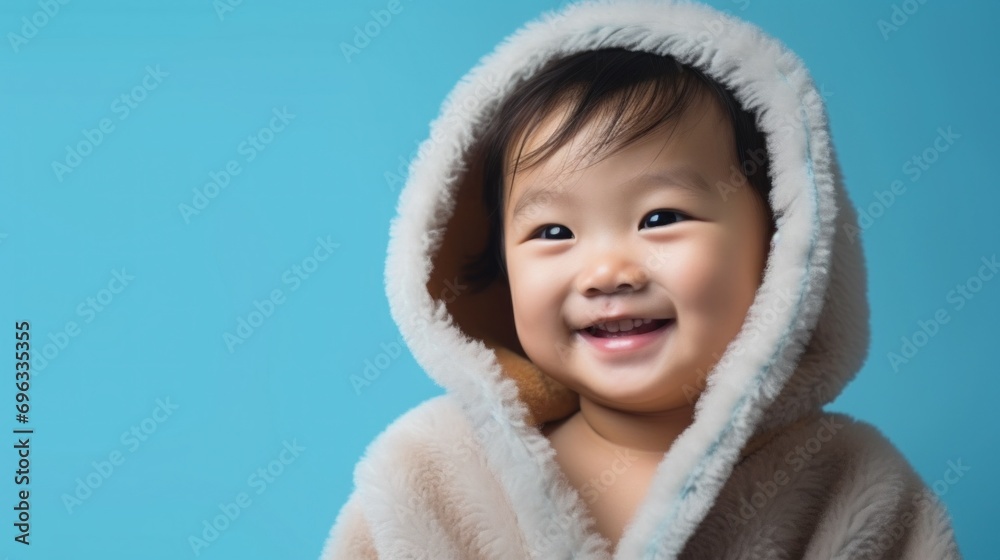 Joyful infant in a bathrobe against a light blue studio backdrop.
