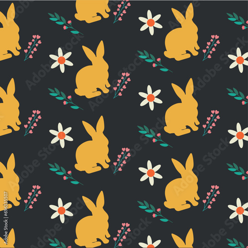 Cute vector yellow bunny seamless pattern with rabbits and flowers in modern minimal style. Chinese new year 2023  Happy Easter black background.Design for banner wallpaper card baby cloth gift paper.