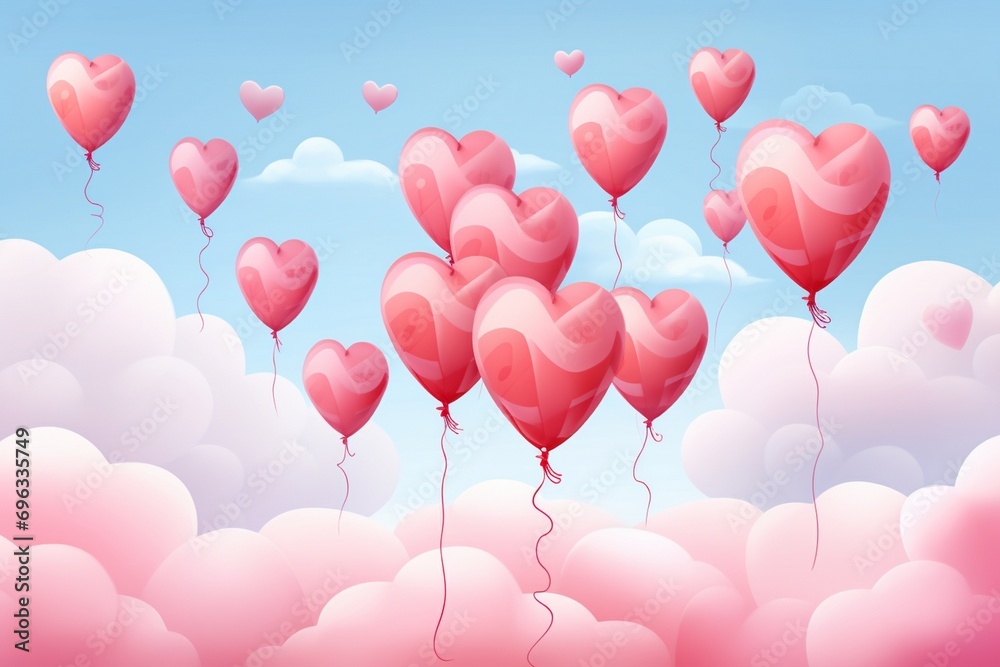 Valentine's day background with pink heart shaped balloons and clouds