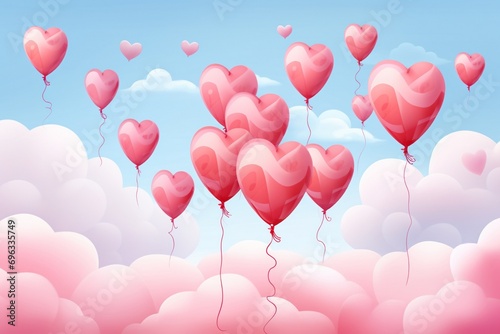 Valentine s day background with pink heart shaped balloons and clouds