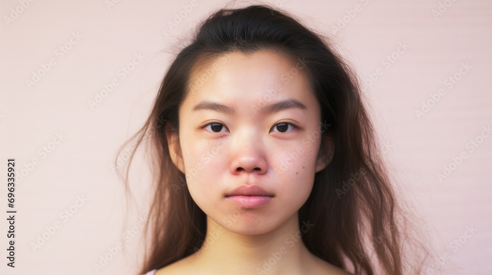 The camera captures the unique features and imperfections of an Asian woman's face. The camera captures the unique features and imperfections of an Asian woman's face.