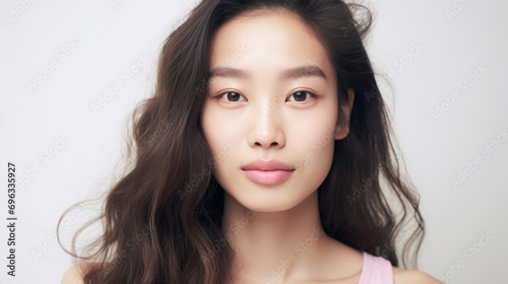 Authenticity is highlighted in the closeup portrait of an Asian woman with imperfect skin. Authenticity is highlighted in the closeup portrait of an Asian woman with imperfect skin.