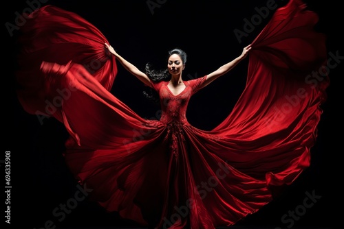 Beautiful Woman in Red Dress Gracefully Performing a Dance on Dramatic Dark Background