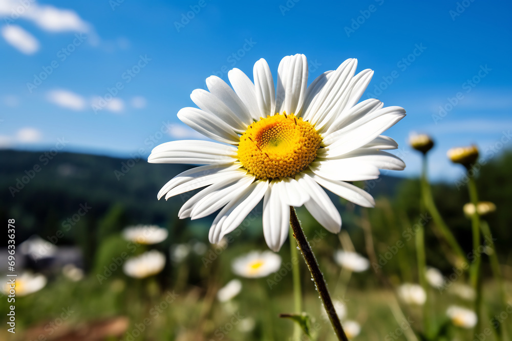 Close up of beautiful chamomile flower, White Daisy in Bloom against the blue sky Close up of beautiful chamomile flower, White Daisy in Bloom against the blue sky
