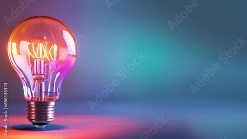 Learning create new ideas. Slowly moving interconnected polygons surround a glowing electric light bulb neon lights. Pastel colors. Concept design for business and brainstorming copy space photo