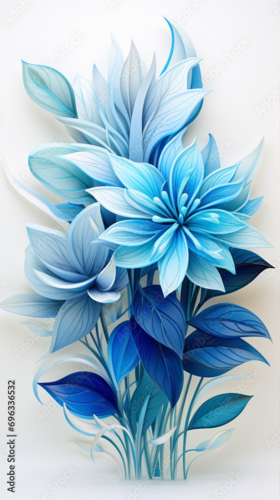 Blue paper flowers on a white background. 3d rendering, 3d illustration. Blue paper flowers on a white background. 3d rendering, 3d illustration.