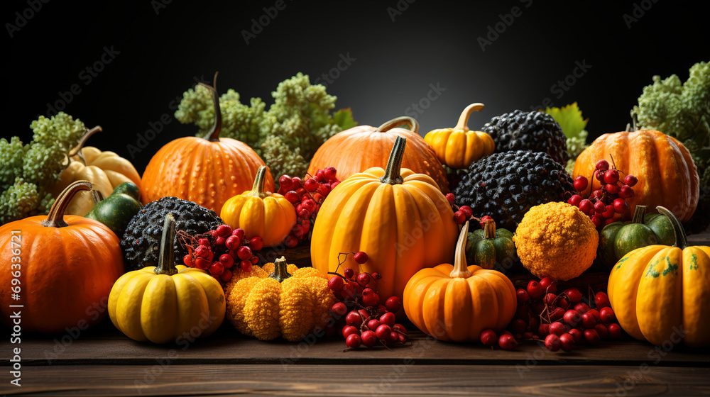 Harvest Elegance Conceptual Autumn Decor Featuring Colorful Pumpkins, Flowers, and Maple Leaves on a Wooden Table 