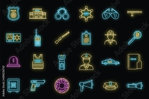 Police station equipment icons set. Outline set of police station equipment vector icons neon color on black
