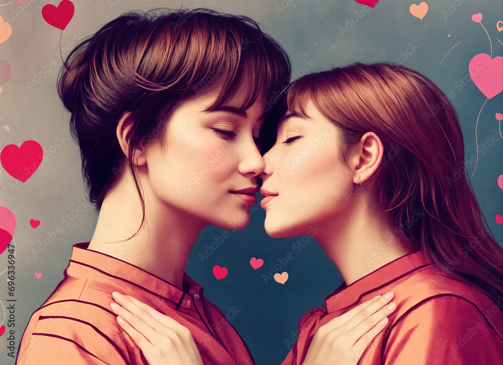 Two girls kissing in the background of the setting sun. Valentine's day concept. Two girls kissing in the background of the setting sun. Valentine's day concept.