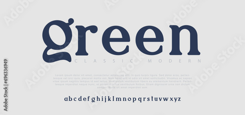 Green modern alphabet. Dropped stunning font, type for futuristic logo, headline, creative lettering and maxi typography. Minimal style letters with yellow spot. Vector typographic design