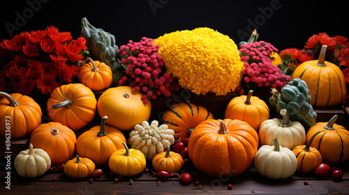 Harvest Elegance Conceptual Autumn Decor Featuring Colorful Pumpkins, Flowers, and Maple Leaves on a Wooden Table 