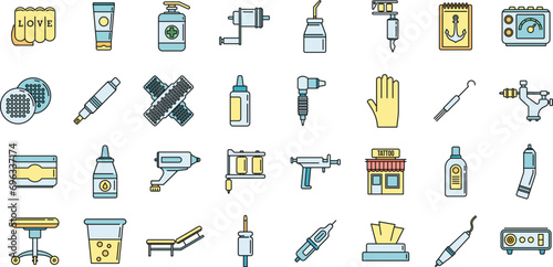 City tattoo studio icons set. Outline set of city tattoo studio vector icons thin line color flat on white