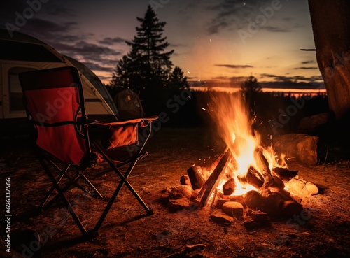 Night camping near bright fire in spruce forest under starry magical sky. Tourism, camping concept.