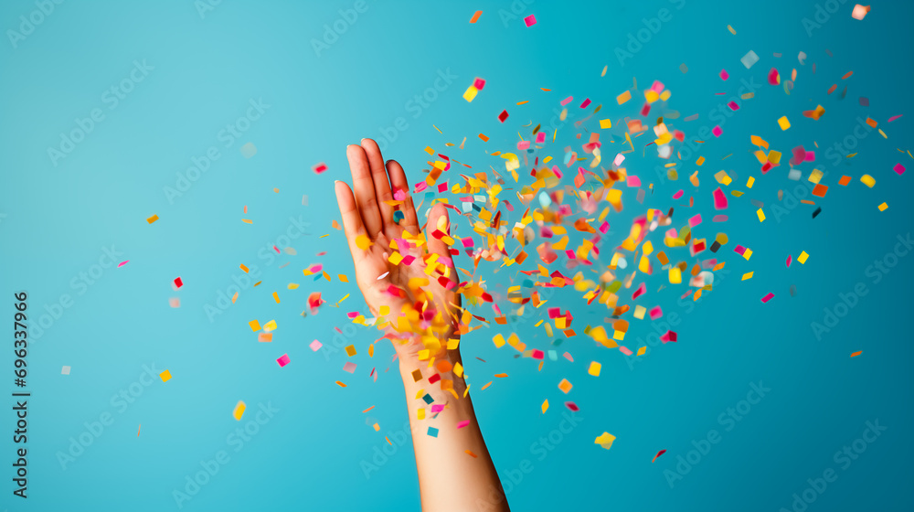 Hand catches colorful confetti on blue background