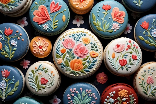 Beautiful delicious hand painted macaroons pattern with folklore floral motifs photography photo