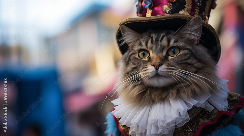 Cat in carnival costume on the street during carnival celebration