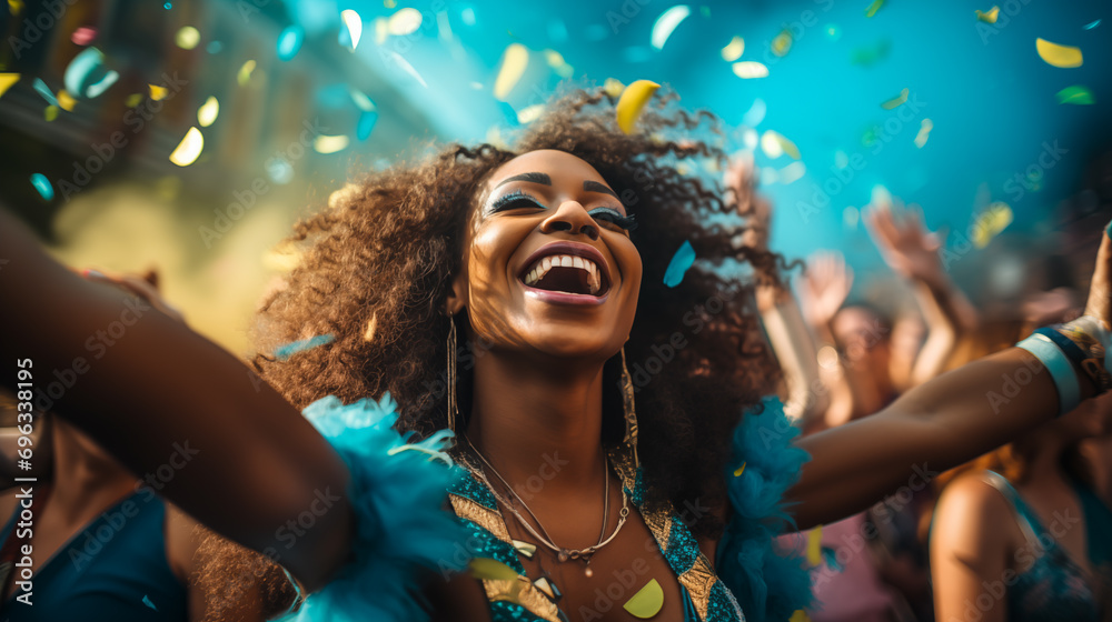 Young black woman in carnival costume on the street during carnival celebration Young black woman in carnival costume on the street during carnival celebration