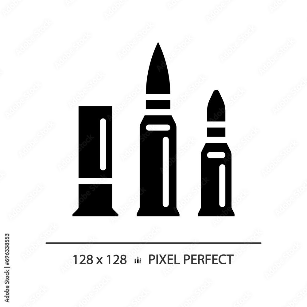 2D pixel perfect glyph style caliber icon, isolated vector, flat silhouette illustration representing weapons. 2D pixel perfect glyph style caliber icon, isolated vector, flat silhouette illustration representing weapons.